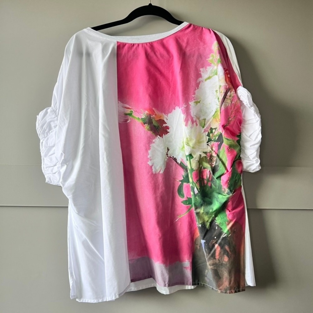 Zara Floral Graphic Tunic Women Size S Pink White Ruched Puff Sleeve Oversized